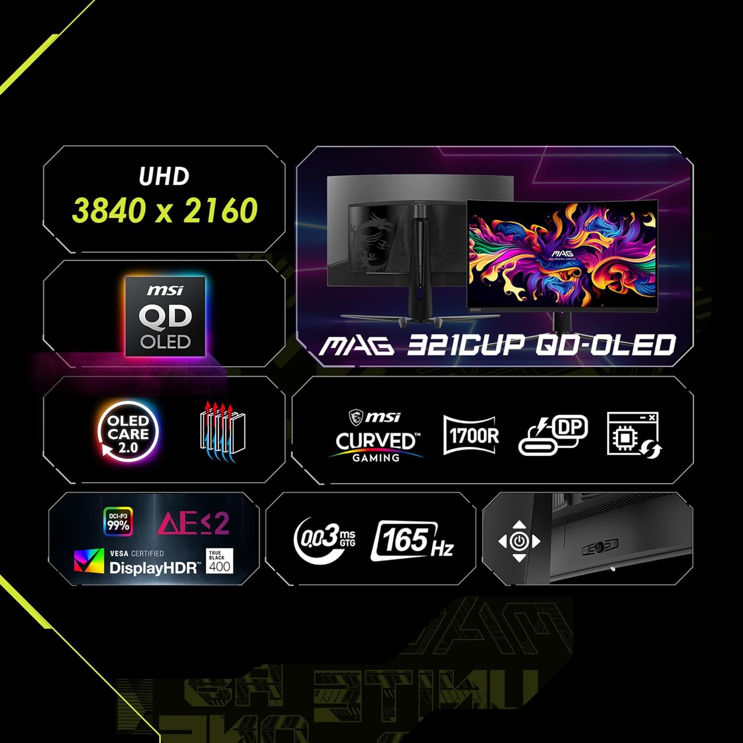MSI MAG 321CUP QD-OLED 32-inch 3840 x 2160 (UHD) Computer Monitor, 165Hz, Adaptive-Synch, HDMI, DP Port, VESA Mountable, Tilt, Speaker, 0.03ms, Black - Image 4